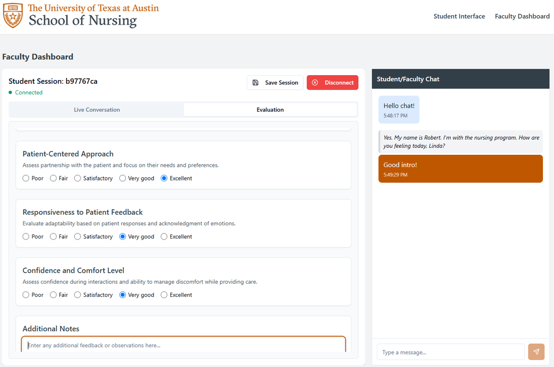 PraxiCom faculty dashboard showing patient-centered communication criteria with Likert-scale ratings and notes