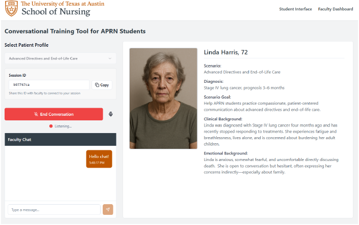 PraxiCom student interface with a synthetic patient profile and faculty chat