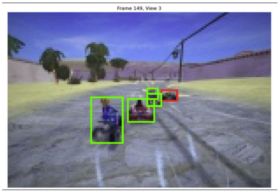 SuperTuxKart race frame with green and red bounding boxes around karts